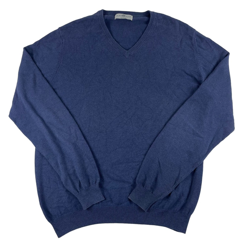 Alan Paine Mens EUR 52 Cotton Cashmere V-Neck Sweater Blue Pullover UK 44